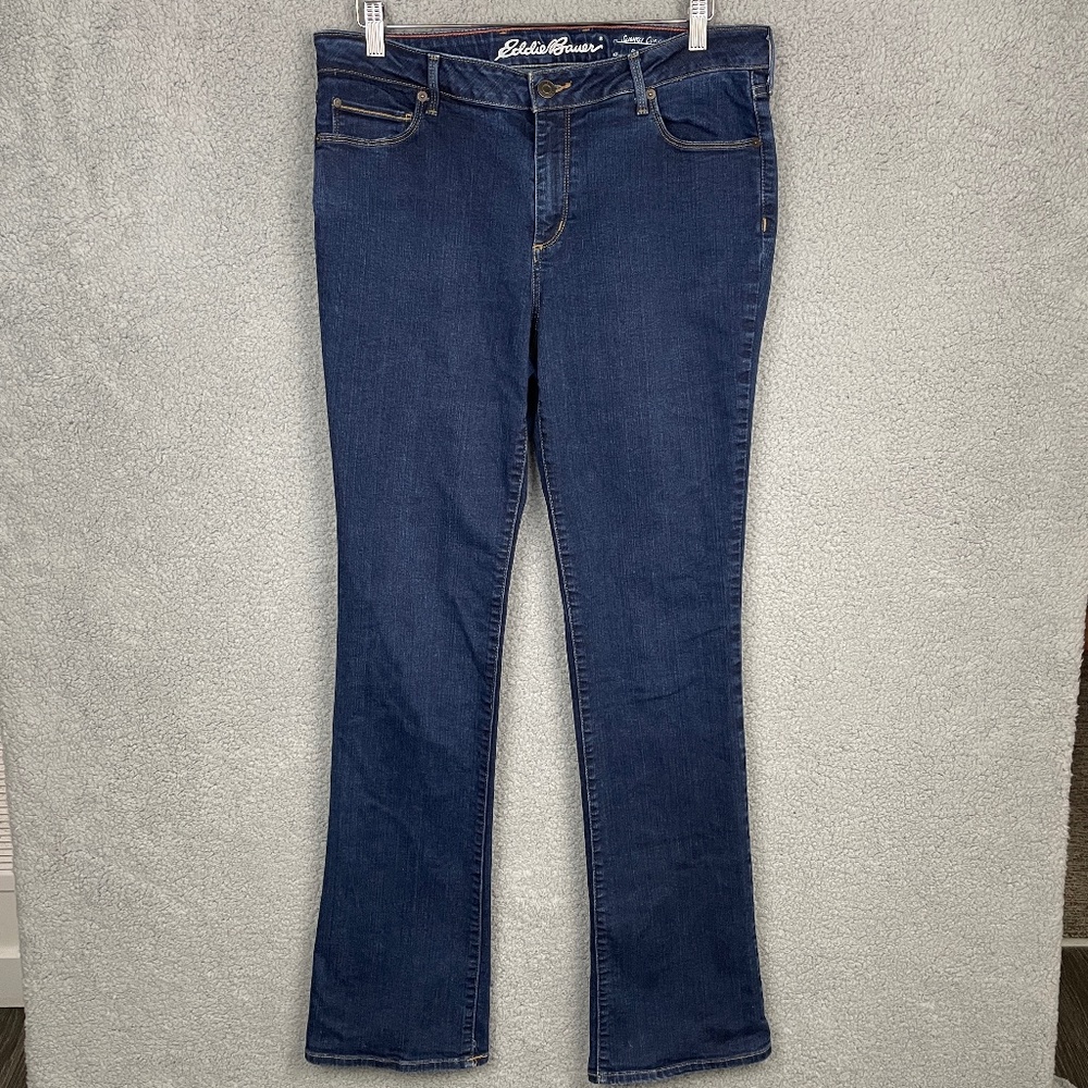 EDDIE BAUER Jeans Womens 14 (34x35) Slightly Curvy Bootcut Dark Wash Mid Rise
